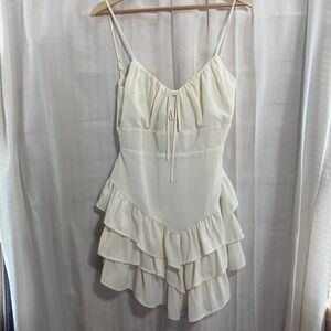 Coquette Forever 21 Ivory Tiered Ruffle Cutout Back Mini Dress Spaghetti Strap M